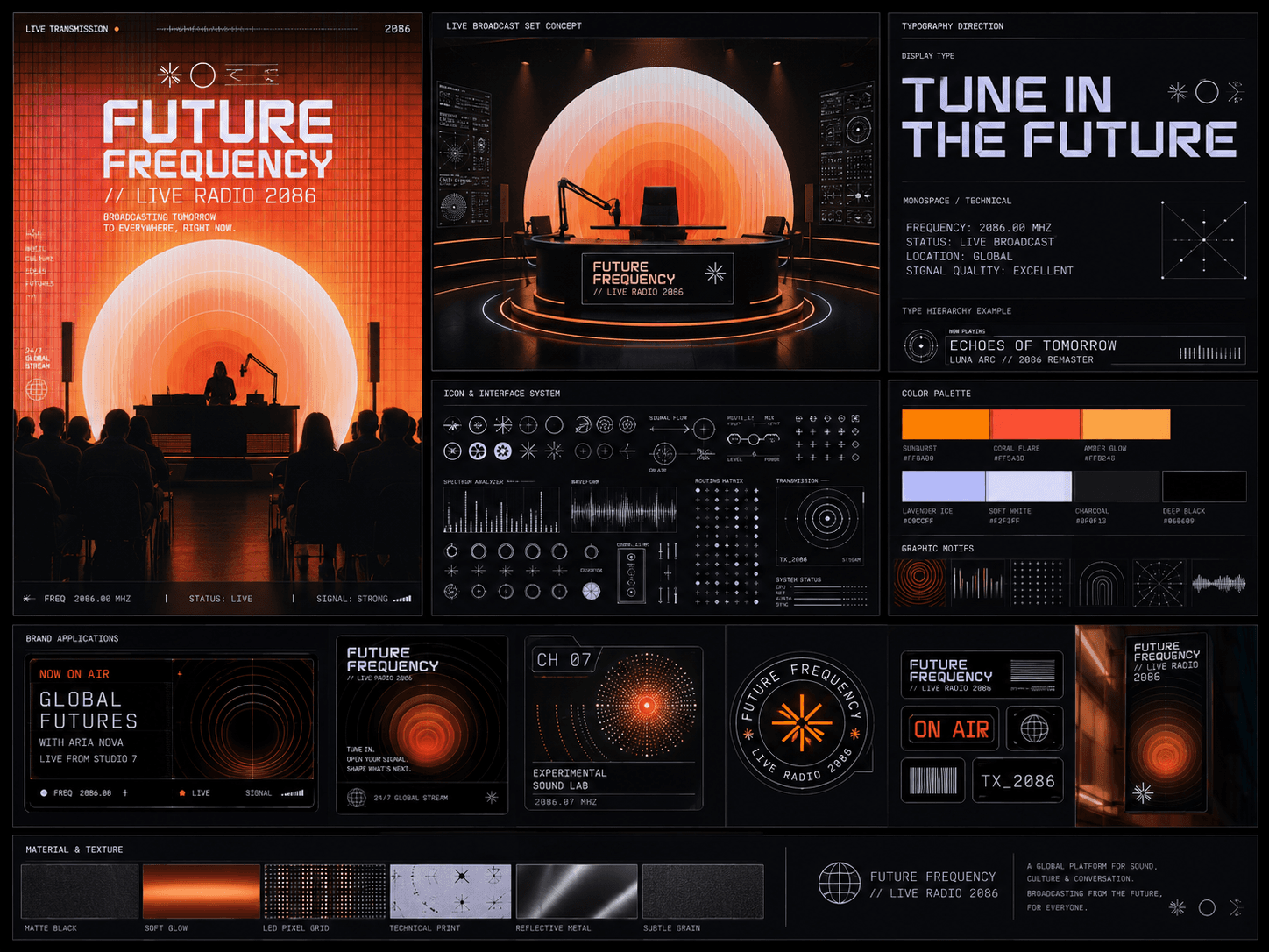 gpt-image-2 design moodboard for Future Frequency — live radio 2086: posters, icon system, typography, color palette, brand applications